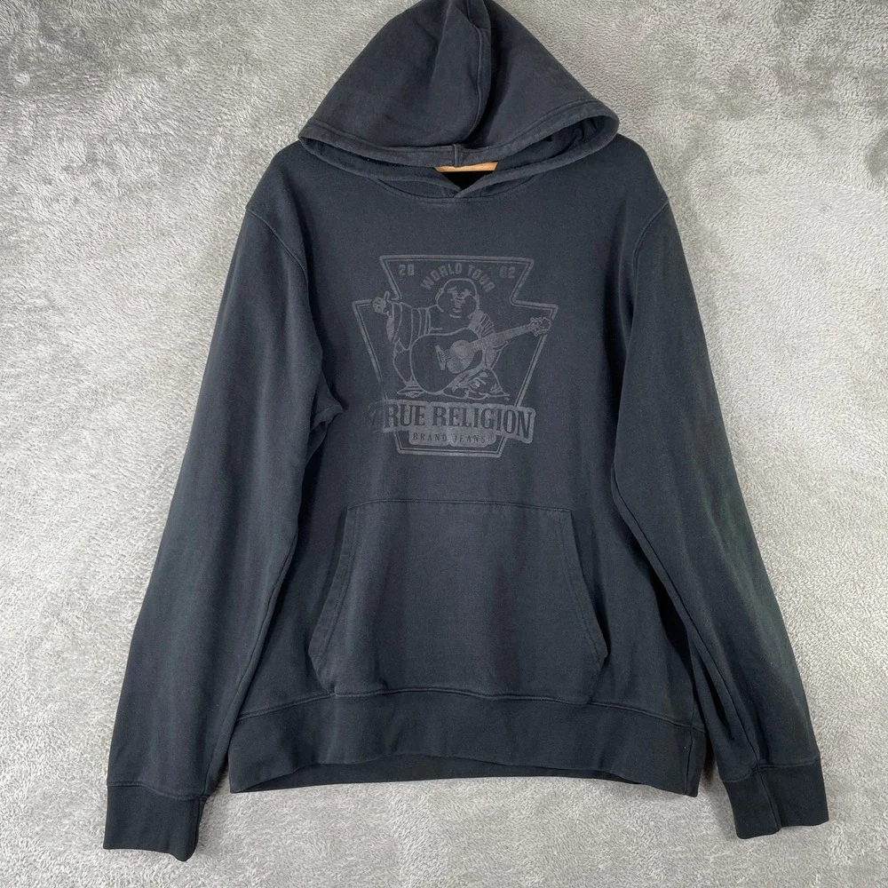 True Religion Foil Buddha Hoodie Mens 2XL Black World Tour Graphic Pullover